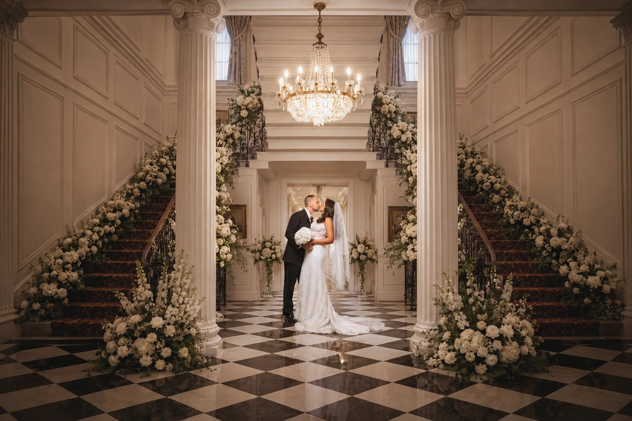 Bride and groom kissing on the grand staircase at Glen Cove Mansion — George Pompilio Photography